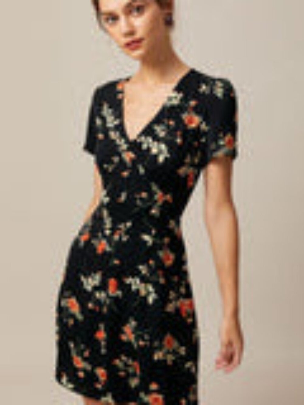 Rihoas Black V Neck Floral Button Up Mini Dress